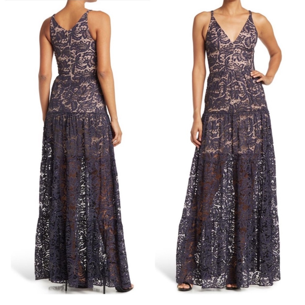 NEW Revolve Dress The Population Olinda Navy Lace Nude Lining Maxi Gown, Large